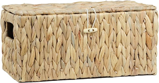 ORDELITE Water Hyacinth Wicker Storage Basket with Lid, Medium | Built-In Handles, Shelf Organizer Bin, Rectangular Woven Box, Multipurpose Home Storage, Natural Decor