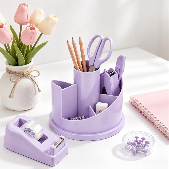 deli Office Supplies Set, Desk Accessory Organizer Kit, Purple | Stationary Set, Desk Supplies with Rotating Multi-Functional Pen Holder &Stapler Set for Office, School, Home