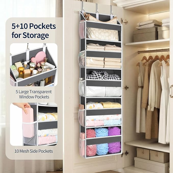 Yecaye 5 Tier Clear Over the Door Organizer Hanging, 5 Large Plastic Pockets and 10 Side Pockets Back of Door Organizer, 56lbs Weight Capacity Behind the Door Storage for Nursery, Deep Gray