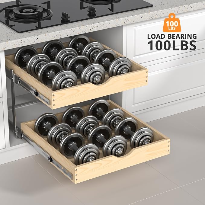21" Deep 2-Tier Pull Out Cabinet Organizer - Wood Pull Out Drawers | Slide Out Shelves, Full-Extension, Ball-Bearing Slides, 3 Adjustable Heights (2-Tier, 20''W X 21''D Overall)
