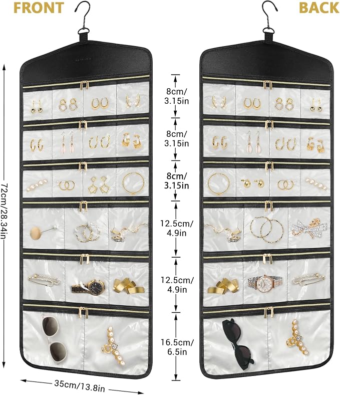 CHICECO Hanging Jewelry Organizer With Zippered Pockets,40 Pockets Travel Jewelry Organizer Storage for Cloest,Wall,Door