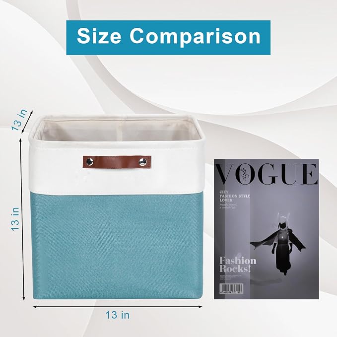 Bagnizer 13x13 Cube Storage Bins, Collapsible Fabric Storage Box, 4 Pack Closet Baskets with Handles for Organizing, Shelf, Toys, Clothes, Home, Office, Nursery (Teal&White)