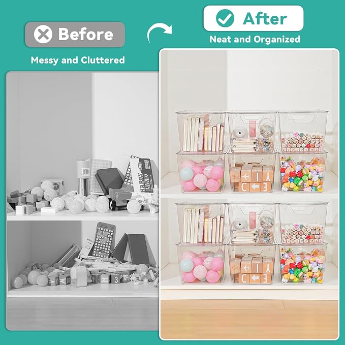 6 Pack Large Clear Storage Bins with Lids, Acrylic Arts and Craft Storage Containers, Stackable Clear Plastic Craft Storage Bins with Handles for Classroom Storage Organization,Kitchen, Fridge, Office