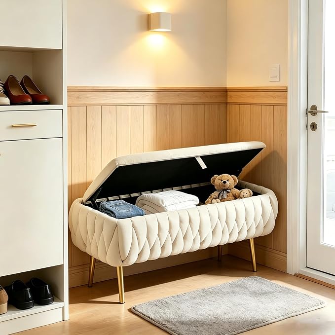 Bench for Entryway 41.3", Bedroom Benches for Foot of Bed, Ottoman with Storage for Bedroom, Upholstered Rectangular Ottoman for Living Room, Entryway, Holds up to 450 lb (White-A)