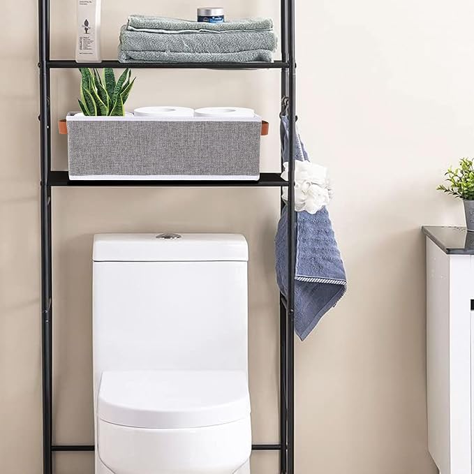 Foldable Long Storage Boxes,15x6x5 In,Gray Fabric Bins,3-Pack | Storage Basket with Double Handles,Damp-Proof PP Panel Organizer Bins,Decorative Linen Bathroom Containers