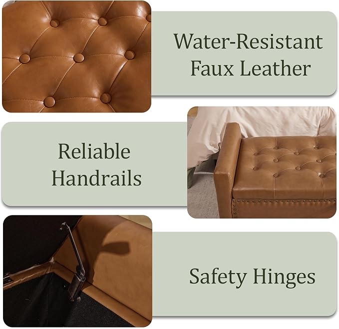 47'' Leather Storage Ottoman Bench, End of Bed Storage Bench with Wooden Legs, Upholstered Tufted Ottoman with Storage for Bedroom, Living Room, Entryway, Light Brown