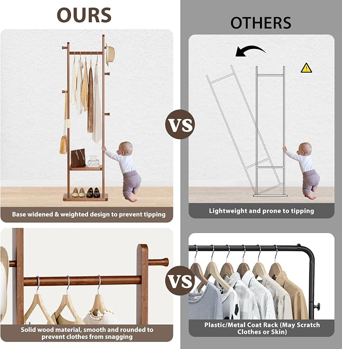 Solid Wood Coat Rack, Freestanding Clothing Rack with 2 Shelves Storage & 5 Hooks, Heavy Duty Clothes Rack Stand for Hall, Bedroom, Living Room