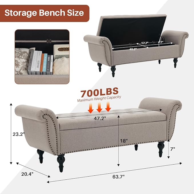 63.8" Storage Bench for Bedroom Rolled Arm Ottoman 700 Lb Linen Light Khaki | Premium Linen End of Bed Bench Elegant Upholstered Ottoman with Hidden Storage Entryway Shoe Bench Window Seat