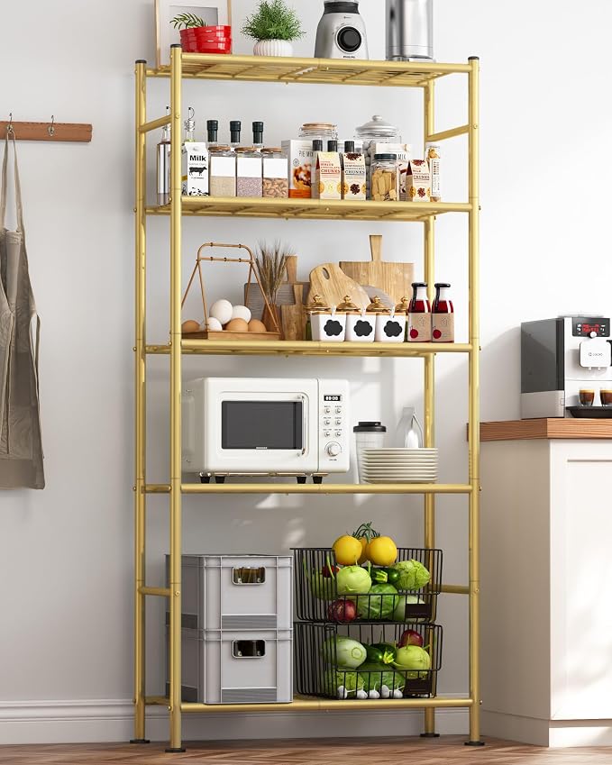 Sakugi Storage Shelves - 5 Tier Shelf Organizer, Heavy Duty Garage Shelving Unit with Leveling Feet, Stable Metal Shelves Organizer for Pantry, Kitchen and Closet, 33.0" W x 12.6" D x 72.0" H, Gold