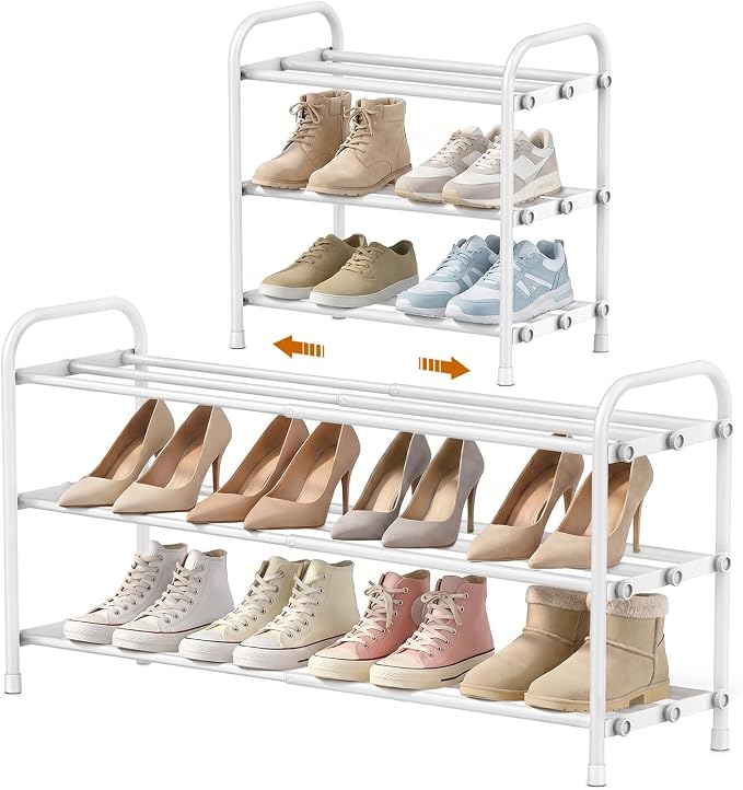 INSMART 3-Tier Expandable Shoe Rack, Stackable and Adjustable Shoes Organizer Storage Shelf, Sturdy and Durable Metal Structure Free Standing Shoe Rack for Closet Entryway Doorway, White