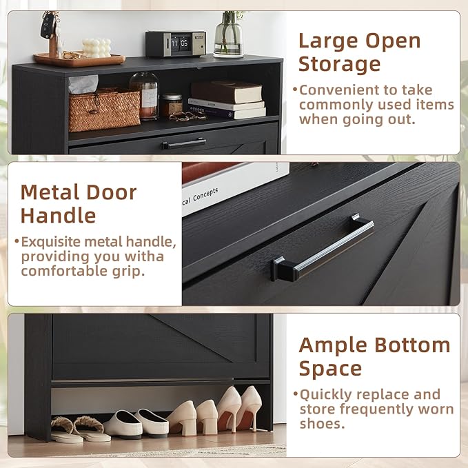 RWYHG Shoe Cabinet Storage for Entryway with 2 Flip Drawers | Open Storage Layer Rack Narrow Organizer Slim Hidden Wood Shoe Cabinet Furniture