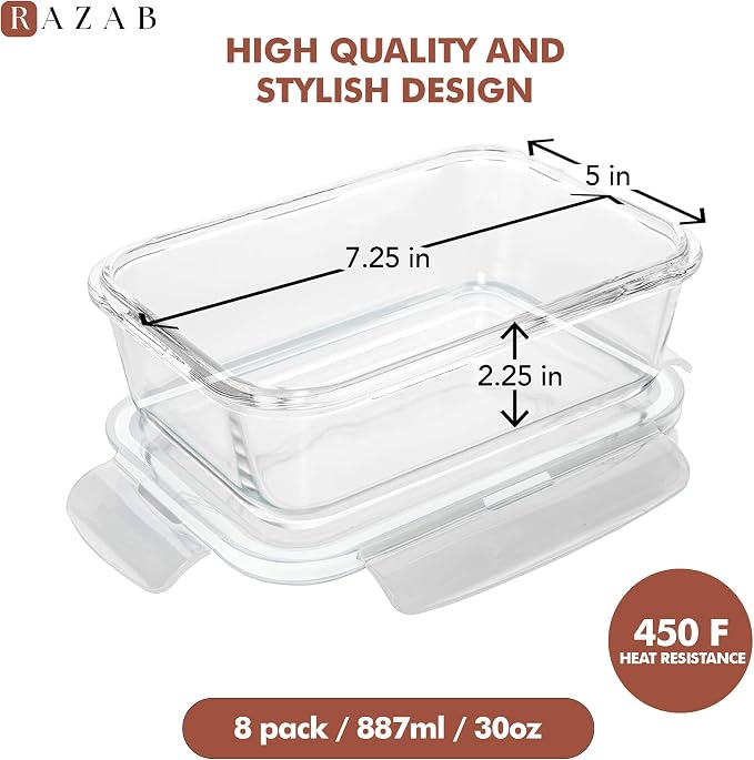 Razab 16 Pc (Set of 8) 30 Oz Glass Meal Prep Containers with Lids, Airtight Large Glass Food Storage Containers, Reusable Leak Proof BPA Free, Freezer to Oven and Dishwasher Safe