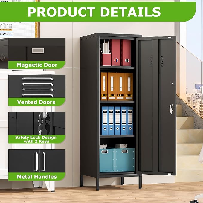 PAOFIN 47" Metal Storage Locker, Lockable Employees Metal Locker with Door and Adjustable Shelves, Steel Locker for Home, School, Office, Gym (Black)