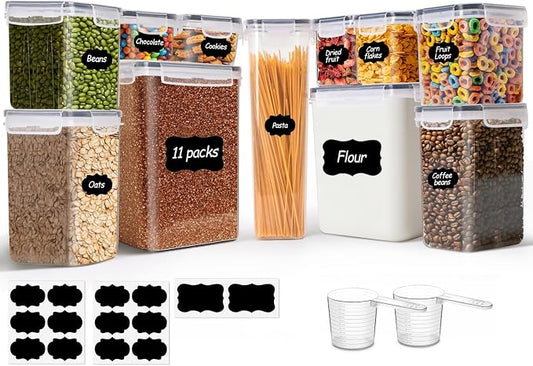 ComSaf Airtight Food Storage Containers with Lids 7size 11Pack, Stackable | Plastic Canister, Flour Sugar Cereal Pasta Rice Oats Coffee Snacks Dry Food, Pantry Kitchen, Label & Scoop, BPA-free, Clear