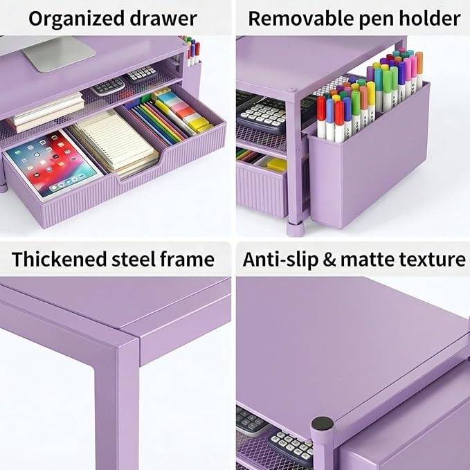 ECOLOVI Desk Organizer and Accessories, 2-Tier Computer Monitor Stand Rise with Storage Drawer & 2 Pen Holders, Laptop & Printer Stand for Desktop, Workspace Organizers for Office Supplies (Purple)