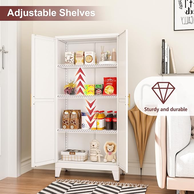 winiowa Metal Pantry Cabinet with 2 Doors and Adjustable Shelves, Kitchen Storage cabinets with Gold Handles, Versatile Storage for Laundry/Living Room,Bathroom,Dinning Room-White