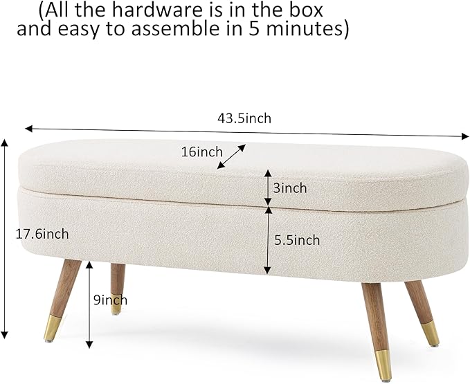 IAFIKE Oval Storage Bench 43.5" Ottoman Bench Upholstered Boucle Fabric Footrest Bench with Golden Metal Legs End of Bed for Bedroom, Living Room, Entryway,Bed Side (Beige)