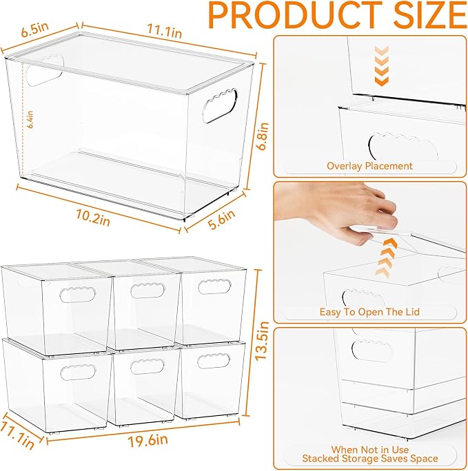 6 Pack Large Stackable Clear Storage Bins with Lids,BPA FREE Pantry Organizers and Storage with Handle,Plastic Containers Organization and Storage for Kitchen,Refrigerator,Closet Organization