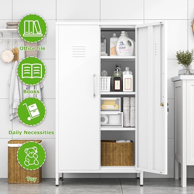 PAOFIN 47" Metal Storage Locker, Lockable Employees Metal Locker with 2 Door and Adjustable Shelves, Steel Locker for Home, School, Office, Gym (White)