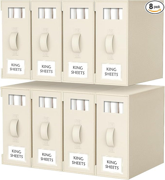 Criusia Bed Sheet Organizers and Storage, 8 Pack Foldable Linen Closet Organizer Box – Bedding Holder for Sheet Set (King/Queen Sizes), Duvet Covers, Blankets (Beige)