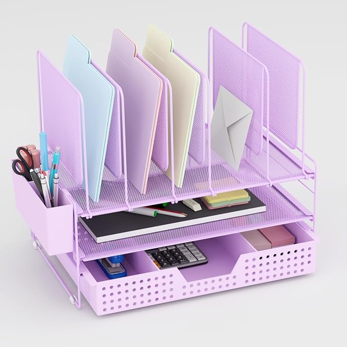 LEKETREE Desk Organizer, Office Organization with Vertical File Holder, File Organizer with Drawer and Pen Holder, Desk Accessories and Workspace Organizers for Home Office (Purple)