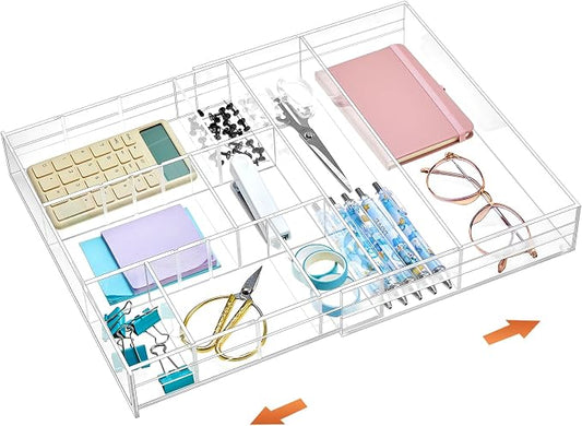 Briwooody Clear Acrylic Drawer Organizer Expandable,9 Compartments,Small | 9'' up to 18'' x 12'' x 2.1'' Desk Drawer Organizer Trays Adjustable with Desk Accessories for Makeup Office Bathroom
