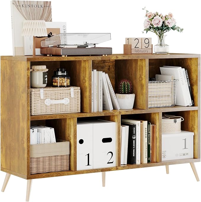 7-Cube Storage Organizer with Natural Wood Legs, Mid-Century Modern Bookcase and Display Cabinet, Freestanding Toy Storage Bookshelf for Living Room, Kids Room and Bedroom, Rustic Brown
