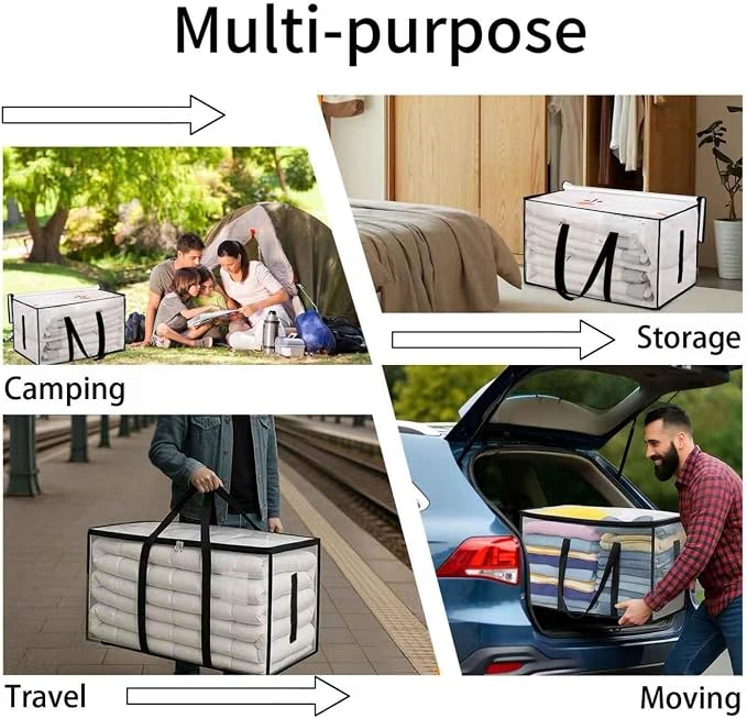 16 Pack-Extra Large Heavy Duty Moving Bags - Waterproof Storage Totes with Handles & Zippers, Foldable for College Dorm, Storage (Clear)