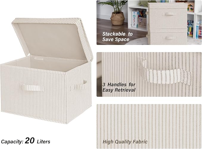 StorageWorks Fabric Storage Bins with Lid, Decorative Storage Boxes for Shelves, Stackable Closet Organizer Basket with Handles, Large, Khaki and Beige Stripes, 2-Pack