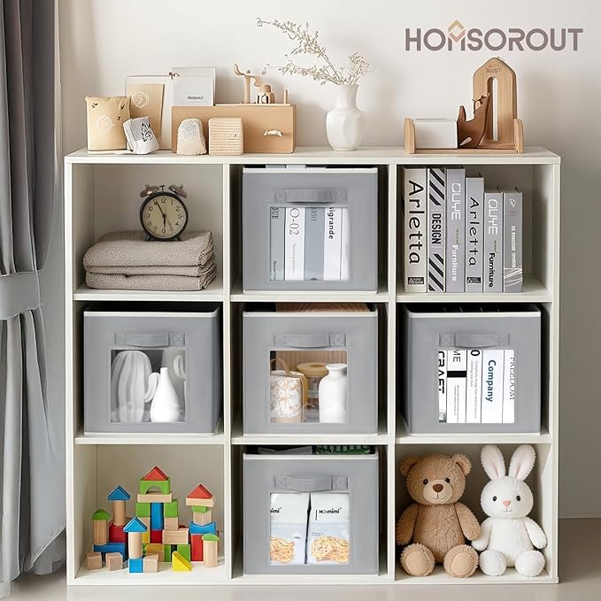 Foldable Storage Cubes - Cubby Storage Organizer with Window, Decorative Baskets for Organizing, Fabric Bins for Clothes Storage, Closet Storage Cubes 11inch, Set of 12, Grey