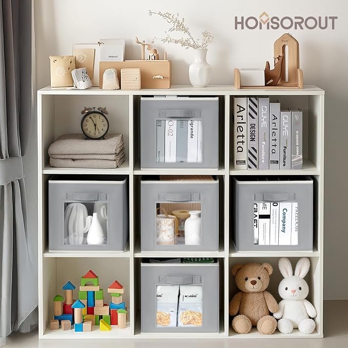 Bins for Closet Organization - Cubby Storage Organizer with Window, Closet Baskets for Shelves, Folding Cubes for Storage, Storage Bins for Home, 11inch, Set of 8, Grey