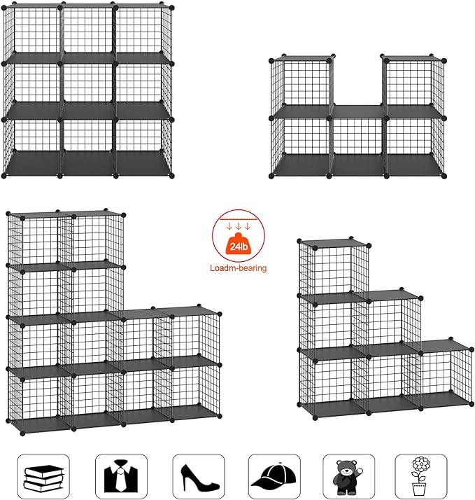 HUBSON Wire Cube Storage Organizer, Book/Toy/Craft/Potted Plants and petCloset Organizers and Storage Shelves?6-Cube Freely Combinable Metal Grids Storage Shelf,Black Plus Iron