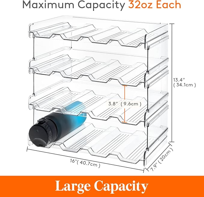 Lifewit Stackable Water Bottle Organizer for Cabinet, Plastic Bottle Holder Fits Bottles/Tumblers up to 3.8" Diameter for Pantry/Countertop, 4 Tier Holds 16 Bottles 41 x 20 x 34 cm/16 x 8 x 13.4