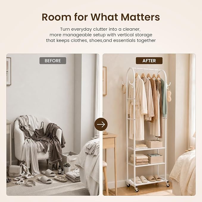 Cesun Heavy Duty Clothes Rack with 3-Tier Mesh Shelves & 8 Hooks, White | Space-Saving Design, Lockable Wheels, Easy Assembly, Stainless Steel, Small Garment Rack for Entrance/Bedroom/Living Room