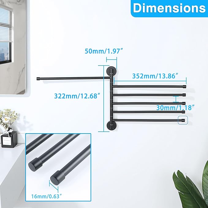 Alise Swivel Towel Rack 13.9", 6 Arm Swing Out Towel Bar, Matte Black | Space Saving Swing Arm Towel Rack for Bathroom Kitchen, 180° Rotating, SUS304 Stainless Steel