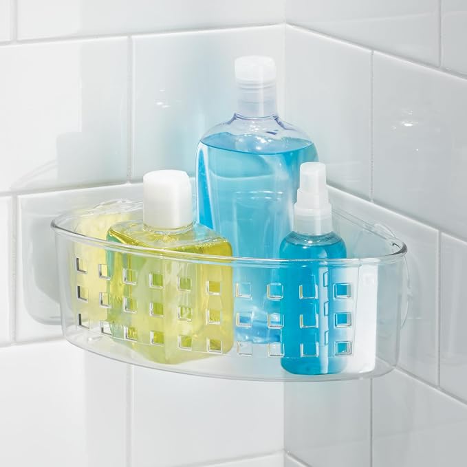 iDesign Plastic Suction Cup Corner Shower Basket, Set of 2, Clear | Bathroom Storage, Made in USA