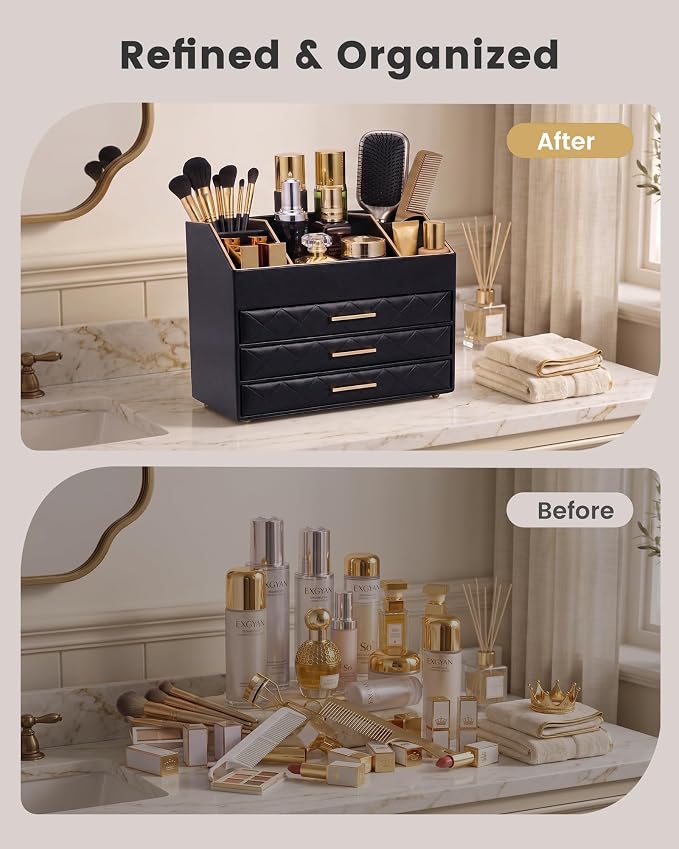 Lolalet 4-Layer PU Leather Makeup Organizer for Cosmetic Vanity -Black | Large Bedroom Dsek Countertop Cosmetic Organizer with Brush Holder, Skincare Storage for Lipsticks, Nail Polish, Perfume