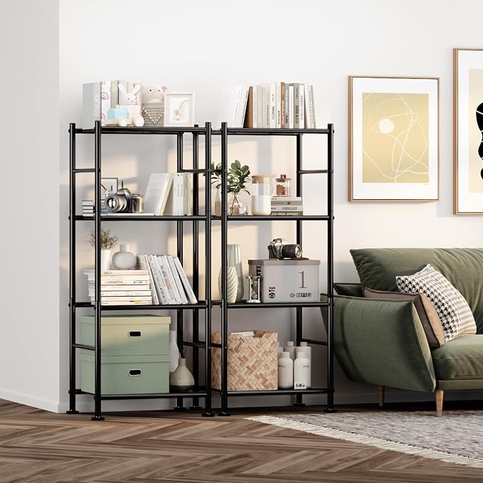 Sakugi Storage Shelves - Set of 2, 4-Tier Metal Shelf Organizer, Space-Saving Garage Shelving with Leveling Feet, Standing Shelves Organizer for Kitchen, Laundry, Pantry (18.1"x12.3"x44.1", Black)