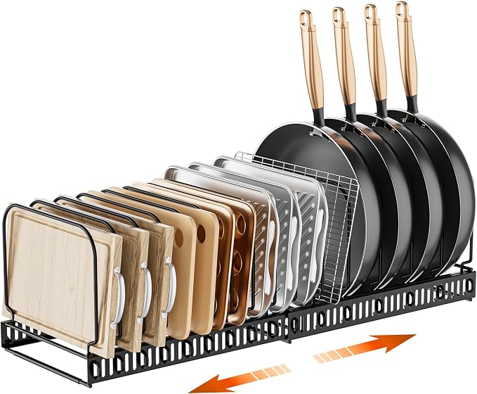 MUDEELA Expandable Cutting Board Organizer Pot Lids Rack 15 Dividers 1-Pack | Expandable Pots and Pans Organizer under Cabinet, 15 Adjustable Dividers, Fits Bakeware Cookie Sheet Baking Tray Muffin Tin