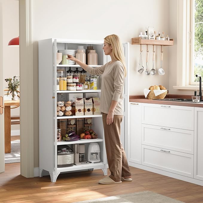 Yizosh Metal Storage Cabinet with 2 Doors and 4 Adjustable Shelves - 61" White Kitchen Pantry Storage 5-Tier Tall Steel Cabinets Locker for Kitchen, Living Room, Dining Room