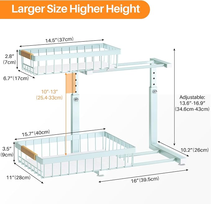 PXRACK Under Sink Organizer, Adjustable Height, 2 Tier Pull Out Under Cabinet Organizer, Slide Out Thickened Metal Under Sink Storage for Kitchen Bathroom Laundry Pantry Cabinet, Blue, Large-1-Pack