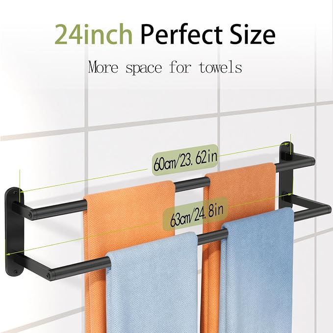 Towel Racks for Bathroom, Double Towel Bar 24Inch, Stainless Steel Bathroom Towel Holder, Double Towel Rod Wall Mounted Towel Hanger, Bathroom Towel Rack(Matte Black)