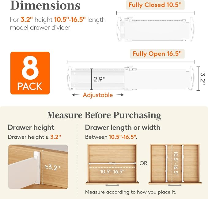 Lifewit Drawer Dividers for Clothes, 3.2" High 10.5"-16.5" Expandable Dresser Drawer Organizers, Adjustable White Plastic Separators for Kitchen, Cabinet, Nursery, Socks & Underwear Storage, 8 Pack