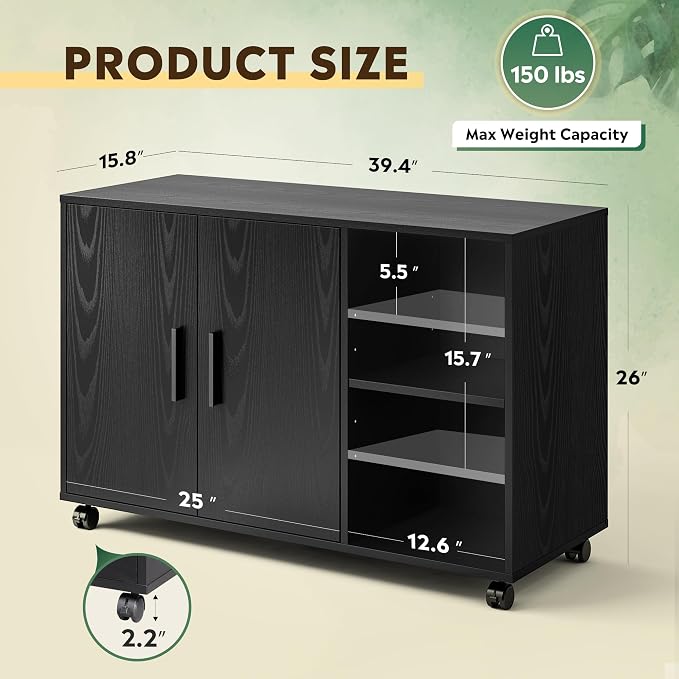 DEVAISE Office Storage Cabinet, Lateral Printer Stand, Black | Doors and Shelves, Mobile File Cabinet, Large Office Supplies and Craft Storage