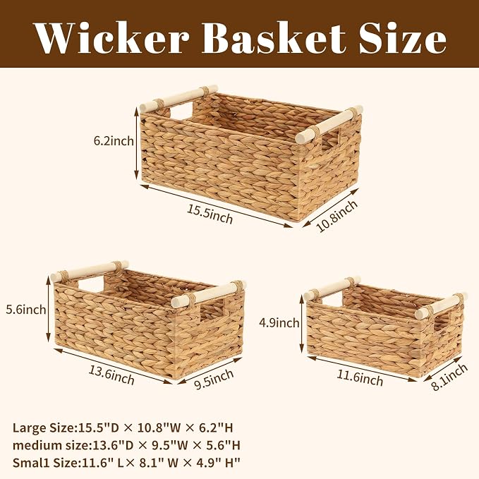 Woven Storage Baskets, Wicker Shelf Baskets, 3-Pack, 3 Sizes | 3-piece rectangular woven basket set in small, medium and large sizes; natural wicker organizers for shelves and cabinets.