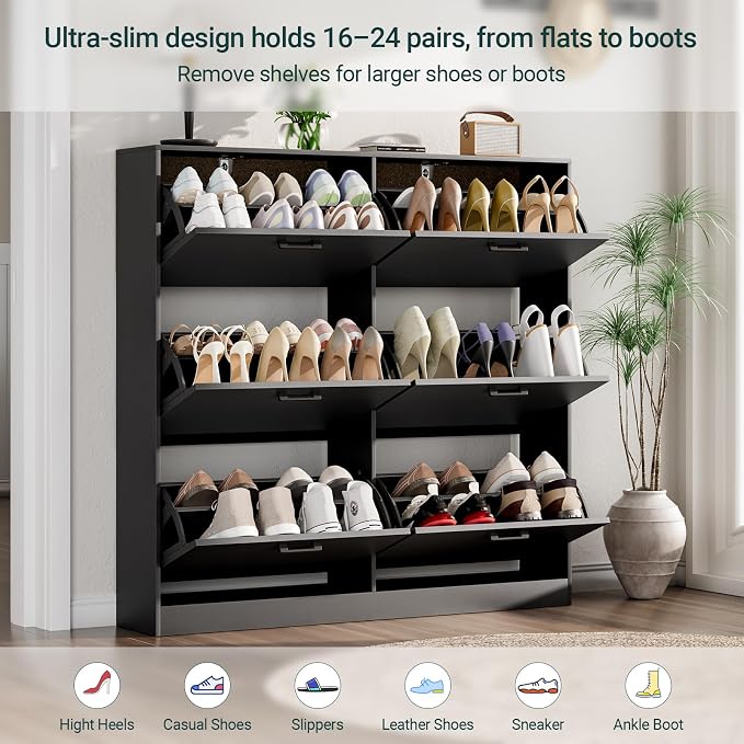 Shoe Cabinet with 6 Flip Drawers, Narrow Freestanding Shoe Organizer, Hidden Slim Shoe Storage Cabinet for Entryway, Hallway, Living Room, Black