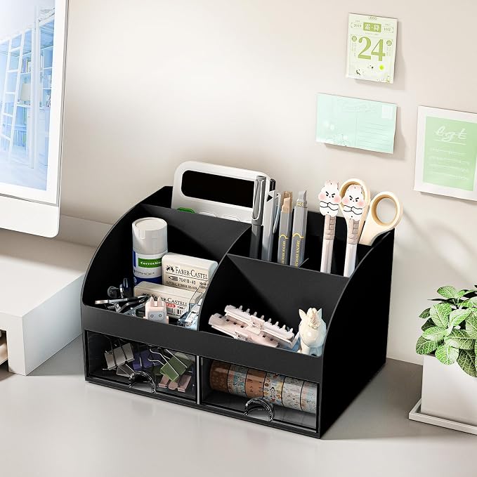 COMFYROOM Desk Organizer with 6 Compartments and 2 Drawers, Plastic Makeup Organizer, Pen Holder for Desktop Storage, Desk Organization for School, Home, Office Supplies Black-2Pack