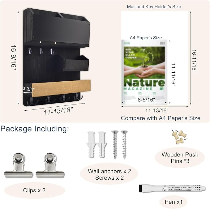 Mail Organizer Wall Mount，Key Holder Mail and Key Organizer for Wall with Shelf, Chalkboard, Corkboard, Home Decor for Room Office Entryway(Midnight Black)
