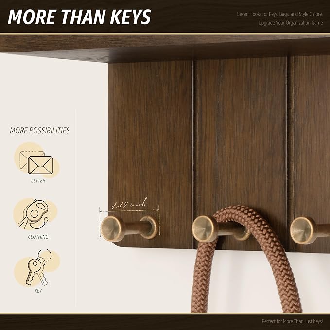 Rebee Vision Key Holder Wall Mount with Shelf for Room Decor, Rustic Brown | Key and Mail Holder for Wall, 7 Key Hooks, Shelf Organizer, key Hanger Apartment Essentials, Aesthetic Home Decor, Storage