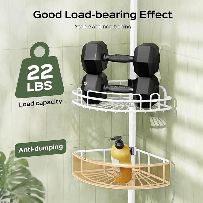 HAMITOR Corner Shower Caddy Tension Pole: Rustproof Bathroom Organizer Shelves for Bathtub Shampoo Accessories Storage Holder - 47.72-123.6 Inch Adjust - White
